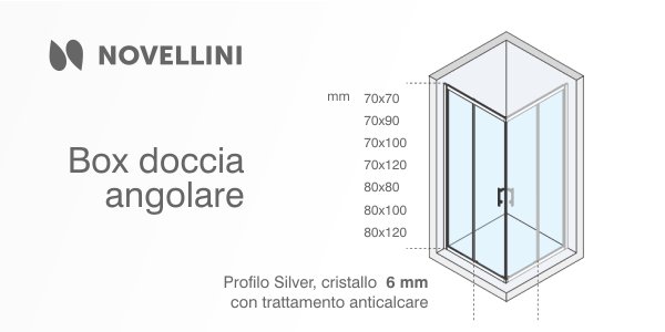 Promozione imperdibile! Box doccia angolare Novellini in cristallo da 6 mm anticalcare e profili Silver in offerta al un prezzo speciale