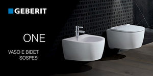 Offerta sanitari bagno sospesi Geberit One, vaso senza brida TurboFlush e bidet monoforo in KeraTect