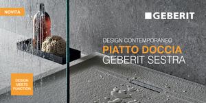 In offerta i nuovi piatti doccia Geberit Sestra in resin stone ad effetto pietra con canaletta di scarico integrata, 12 misure e tre colorazioni in promozione a prezzi speciali