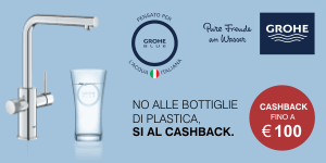Promozione Grohe Cashback rivolta ai consumatori finali con rimborso diretto sul conto corrente di 100 Euro su Grohe Blue, rubinetti e sistemi di filtrazione acqua