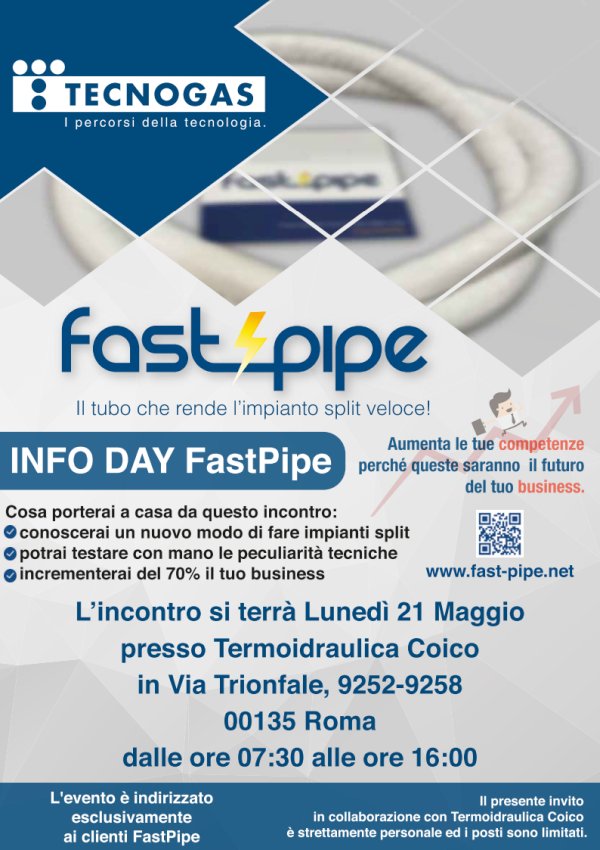 Tecnogas Fast Pipe - Info Day, 21 Maggio 2018 a Roma, presso la Termoidraulica Coico