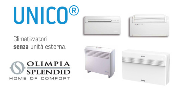 Offerte climatizzatori senza unità esterna Olimpia Splendid Unico disponibili in versione SF solo freddo e HP a pompa di calore