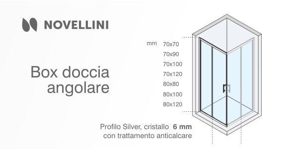 Promozione imperdibile! Box doccia angolare Novellini in cristallo da 6 mm anticalcare e profili Silver in tutte le misure da 70x70 a 80x120 in offerta al un prezzo speciale