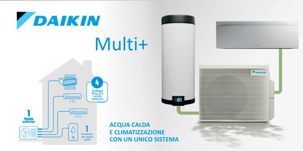 Offerta sistema di climatizzazione Daikin Multi+ a pompa di calore per raffrescamento, riscaldamento e produzione istantanea di acqua calda sanitaria con una soluzione 'all-in-one' senza gas 100% green presso la Termoidraulica Coico di Roma