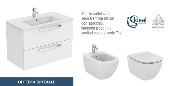 Offerta mobile bagno Ceramica Dolomite serie Gemma, compreso specchio e lampada alogena, sanitari Ideal Standard serie Tesi, EUR 663,00