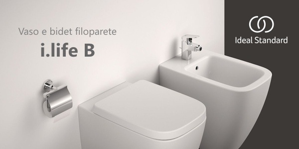 Sanitari bagno filoparete Ideal Standard i.Life B, vaso universale senza brida, coperchio ammortizzato e bidet monoforo in offerta