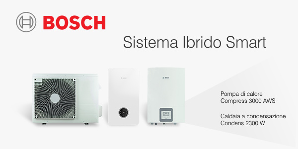 Offerta sistema ibrido Bosch Hybrid Smart composto da una pompa di calore aria-acqua splittata con unità interna Compress 3000 e una caldaia a condensazione compatta combinata Condens